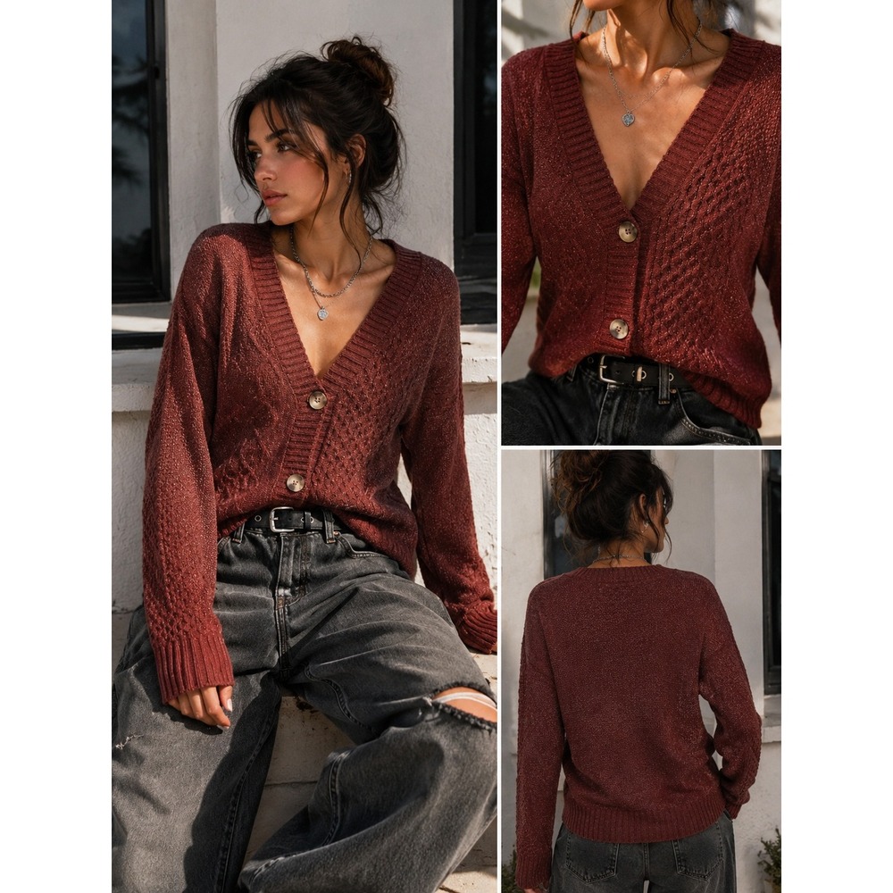 Women's Textured‎ V-Neck Button Cardigan in Rust